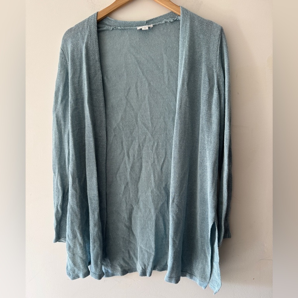 J. Jill Linen Blend Open Front Cardigan Petite‎ Teal Beachy Long Sleeve